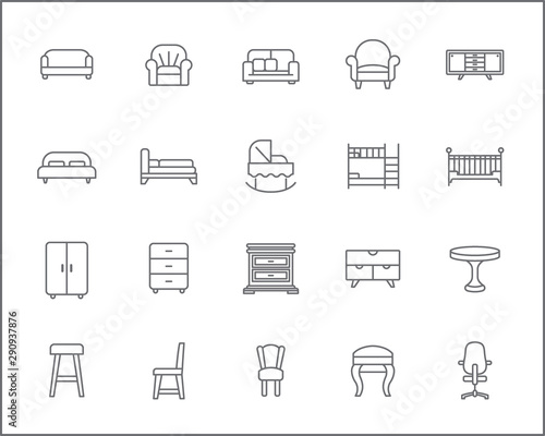 Set of furniture and interior Icons line style. Included the icons as bed, sofa, couch, table, a double-deck bed, chair, stool, wardrobe and more. customize color, stroke width control , easy resize.