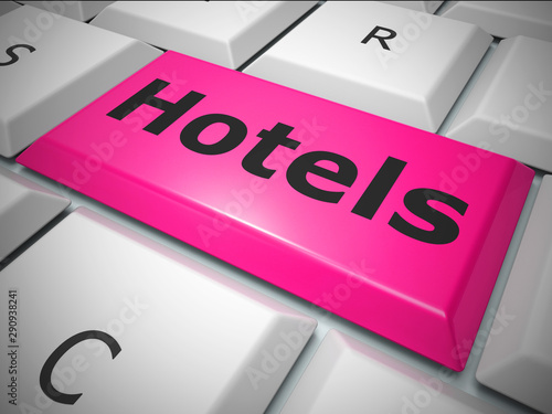 Hotel booking online concept icon mains reserving a room through the internet - 3d illustration