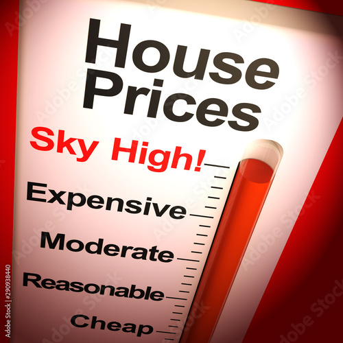 House prices sky-high means overpriced or exorbitant cost of real estate - 3d illustration