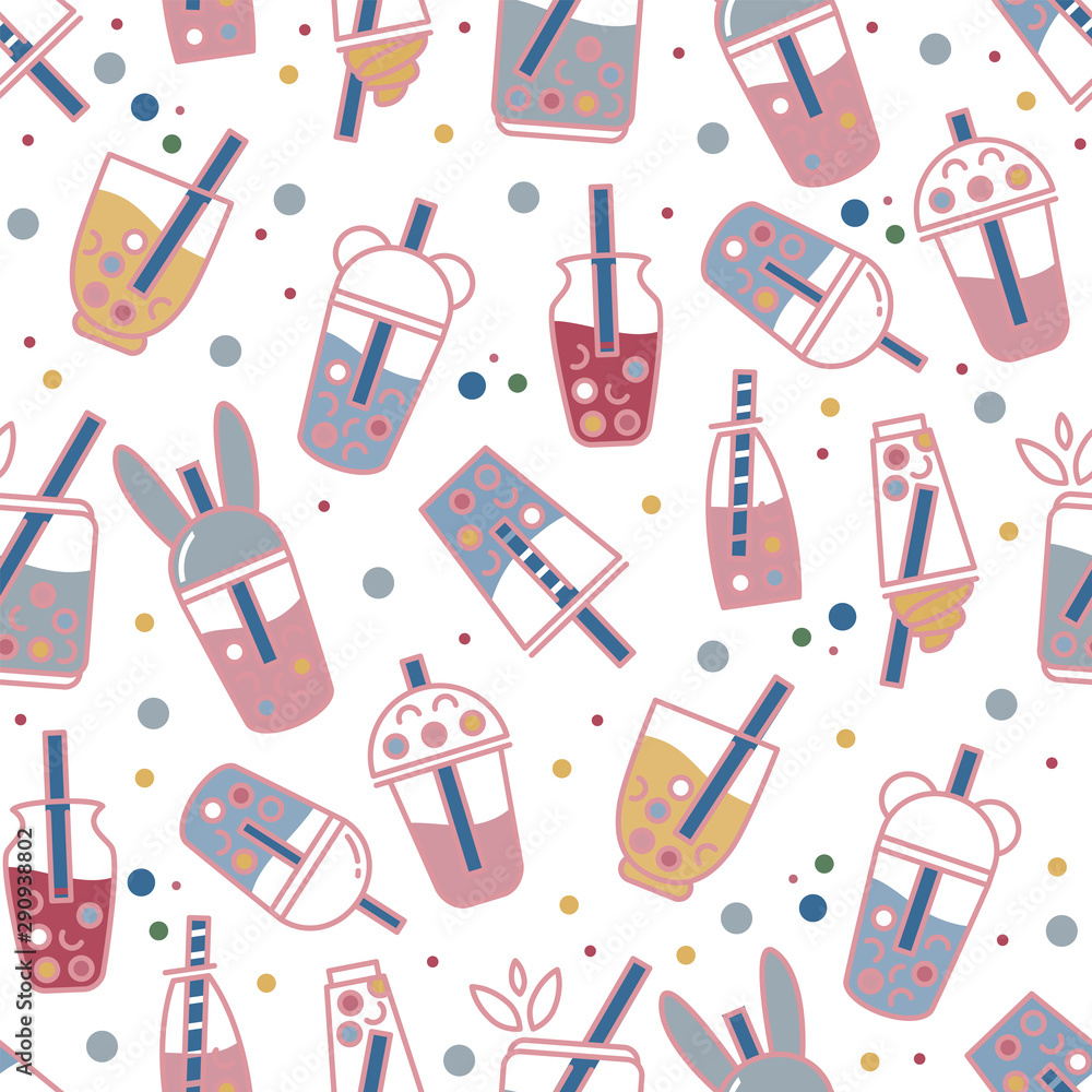 Vector seamless pattern. Simple Abstract design. Little cups of boba tea. Perfect for textile, texture, ornament, modern cottons and more. Elements for tea-houses, coffee houses, restaurant design