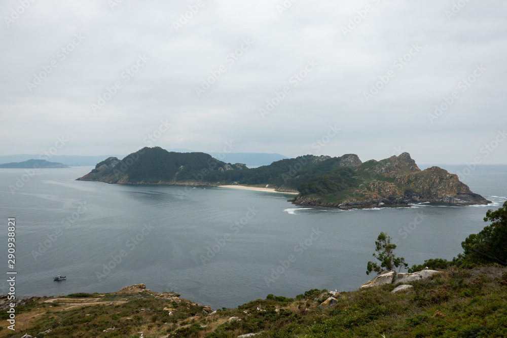 View of the Southern island. Cies Islands archipelago off the coast of Pontevedra in Galicia (Spain), in the mouth of the Ria de Vigo.