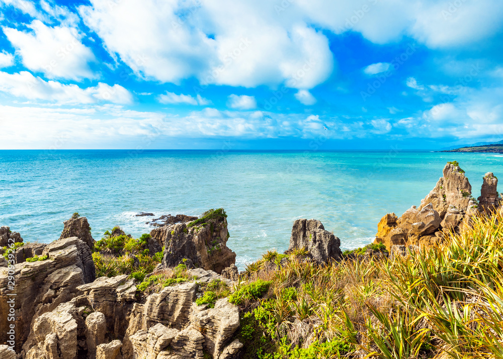 View of pancake rocks in Punakaiki, South island, New Zealand.