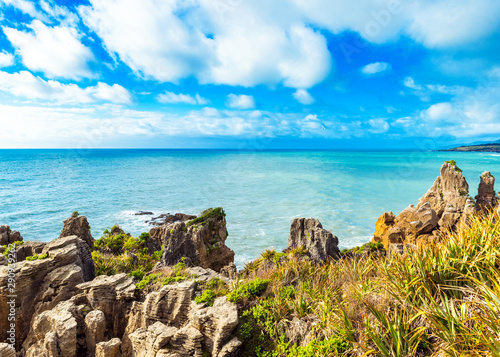 View of pancake rocks in Punakaiki, South island, New Zealand. © ggfoto