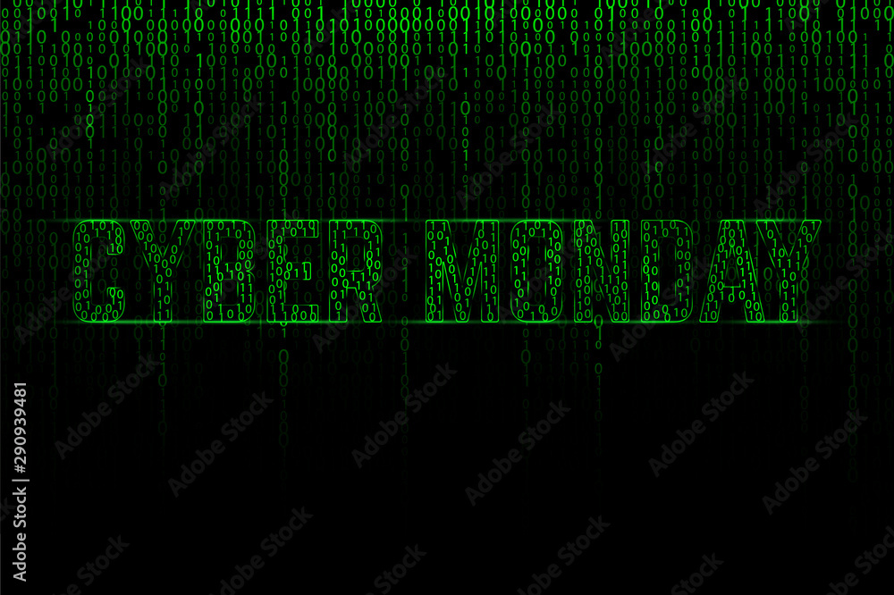 Fototapeta premium Cyber monday text on a green binary matrix background.