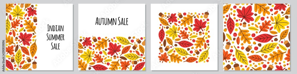 Obraz premium Cute set of botanical hand drawn Autumn Leaves backgrounds
