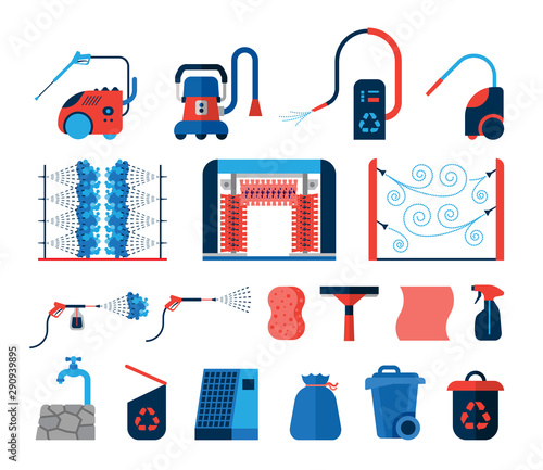 Set of car wash tools flat icons. Collection of icons presenting equipment used for car wash.