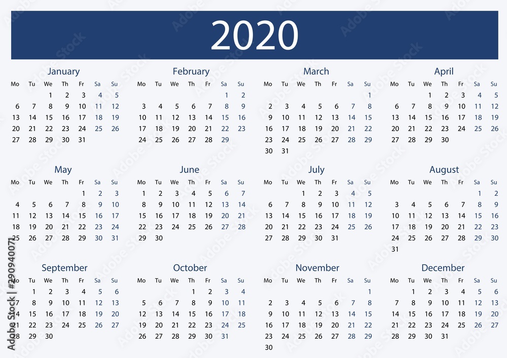 Simple 2020 monthly calendar, planner and schedule - week start with Monday Simple 2020 monthly calendar, planner and schedule - week start with Monday