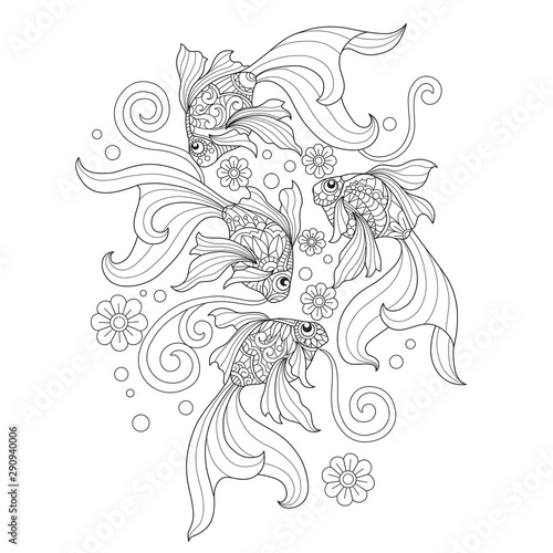 Hand drawn sketch illustration of goldfish for adult coloring book.