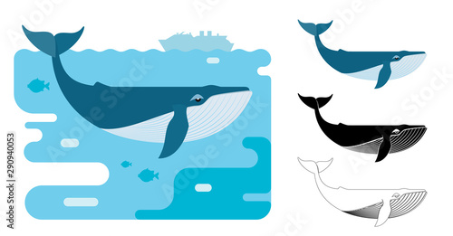 Blue whale icons. Flat vector illustration of blue whale. Decorative cute illustration for children. Graphic design elements for print and web.