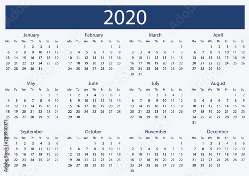 Simple 2020 monthly calendar, planner and schedule - week start with Monday