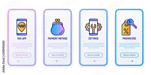Taxi app mobile user interface. Thin line icons: payment method, settings, promo code. Modern vector illustration.
