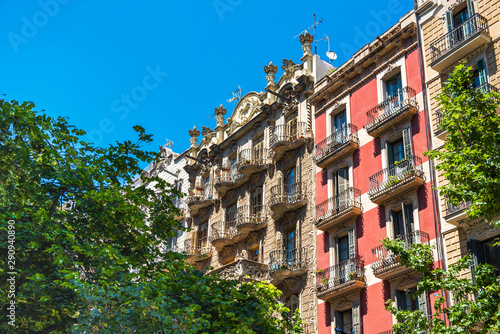 View of the facade of a historic building, Barcelona, Spain.
