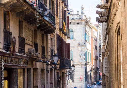 Facade of a historic building in the city center  Barcelona  Catalonia  Spain.