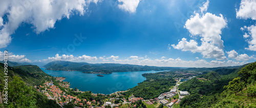 High Resolution Panorama of Lake Orta in Piedmont (Piemonte), Italy with the St. Julius Island (Isola di San Giulio) and the town of Orta San Giulio in the center. 13.000 by 5.500 px