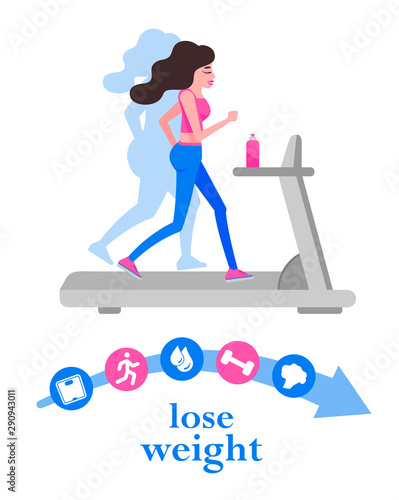 Woman Body Transformation Concept. Running girl is loosing weight. Great results in sports. Vector illustration for gym posters. Blank space for your content, template.