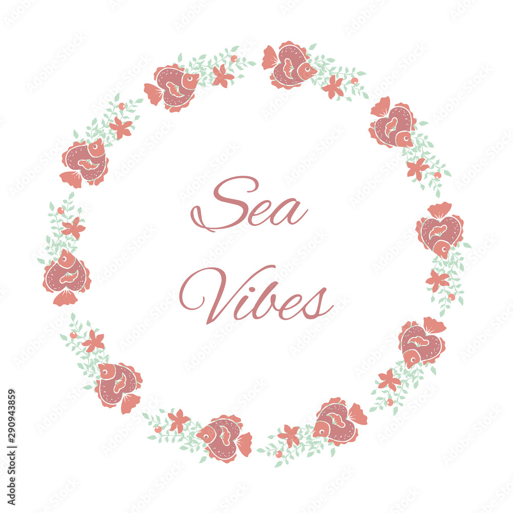 Sea vibes, underwater life wreath, isolated vector on white background