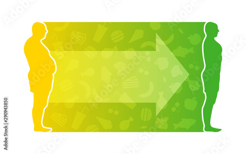 Diet and Weight Loss. The influence of diet on the weight of the person. Young man before and after diet and fitness. Weight loss concept. Fat and thin man. Blank space for your content, template.