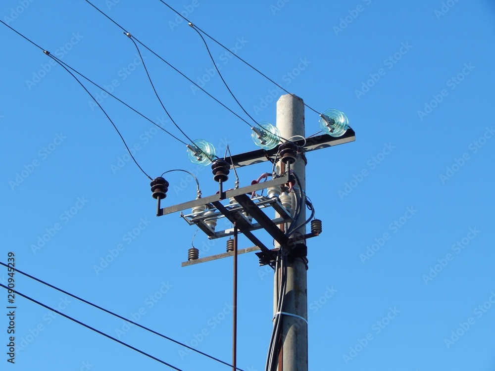 Electric pole with wires. Photo of an electric pylon. Electric pole with wires. Photo of an electric pylon.