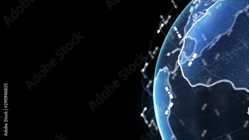 Digital earth data globe - abstract 3D rendering satellites starlink network connection the world. satellites create oneweb or skybridge surrounding planet conveying complexity big data flood the