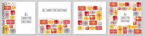 Cute set of All I Want for Christmas backgrounds with hand drawn Christmas present boxes and snowflakes