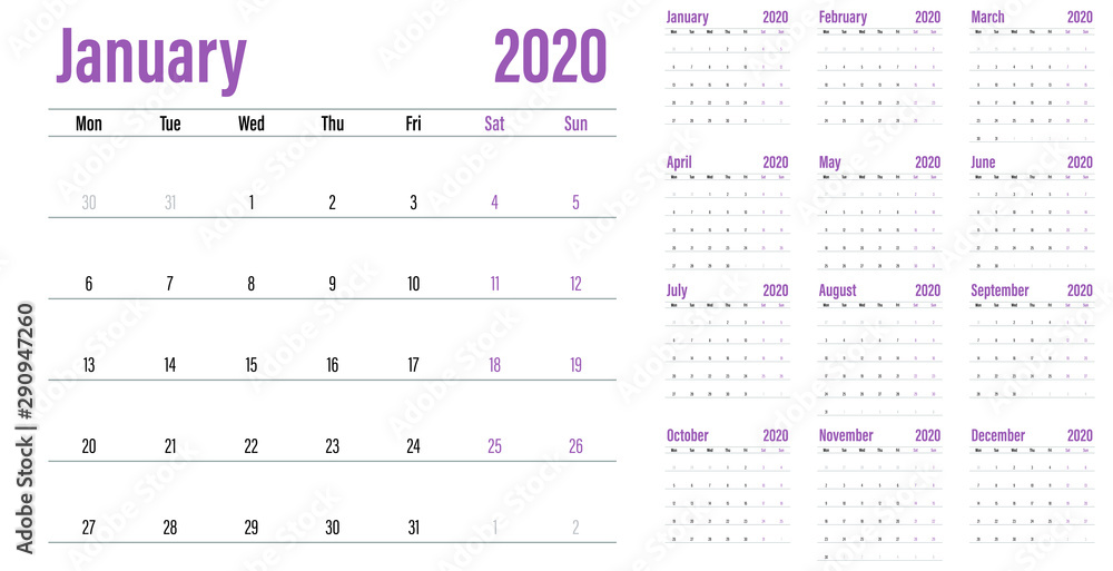 Calendar planner 2020 template vector illustration all 12 months week starts on Monday and indicate weekends on Saturday and Sunday Calendar planner 2020 template vector illustration all 12 months week starts on Monday and indicate weekends on Saturday and Sunday