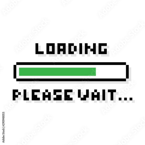 Pixel art 8-bit loading green bar please wait text - isolated vector illustration