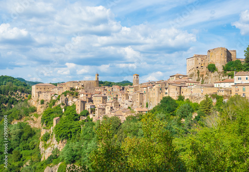 Sorano  Italy  - An ancient medieval hill town hanging from a tuff stone in province of Grosseto  Tuscany region  know as the Little Matera.