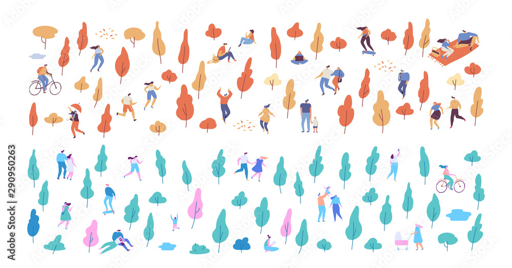 Autumn and summer vector park background. Various people at park. Seasons changing. Leisure outdoor activities - walking, playing with ball, jogging, reading, picnic lunch in park. Flat Cartoon style.