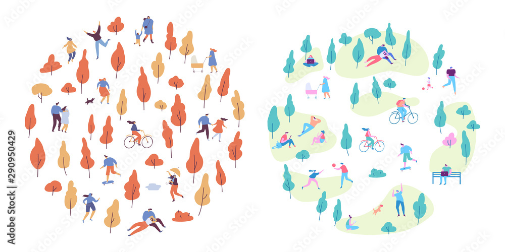 Autumn and summer vector park background. Various people at park. Seasons changing. Leisure outdoor activities - walking, playing with ball, jogging, reading, picnic lunch in park. Flat Cartoon style.