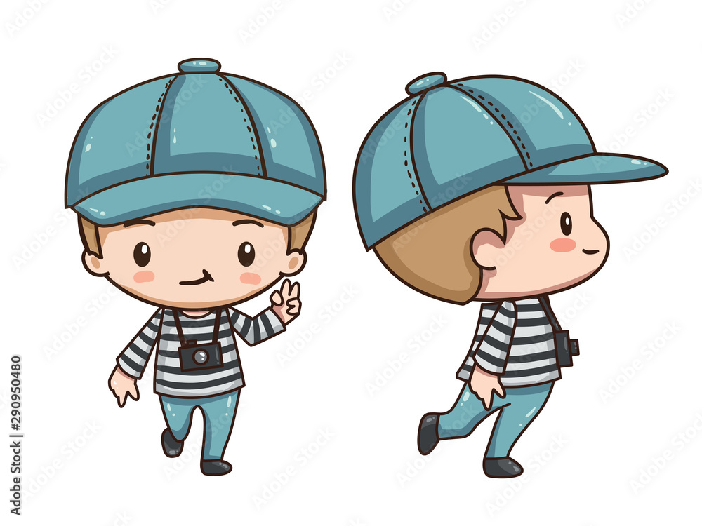Vector illustration of cute chibi character isolated on white background. The boy traveler in red beret with camera. Front view and side view. Vector illustration of cute chibi character isolated on white background. The boy traveler in red beret with camera. Front view and side view.