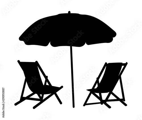 Two lounge chairs under an umbrella on the beach. Black and white illustration of lounges under a canopy. Vacation vector illustration. Silhouette summer vacation. Tattoo.