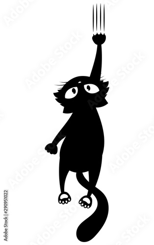 Black cat scratching the wall. Silhouette of cartoon cat climbing the wall. Vector illustration of a pet for kids. Tattoo.