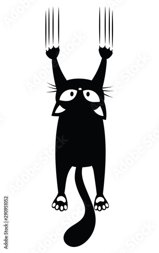 Black cat scratching the wall. Silhouette of cartoon cat climbing the wall. Vector illustration of a pet for kids. Tattoo.