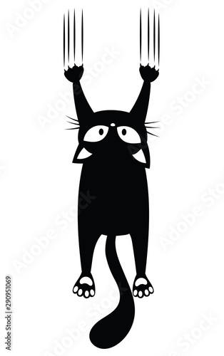 Black cat scratching the wall. Silhouette of cartoon cat climbing the wall. Vector illustration of a pet for kids. Tattoo.