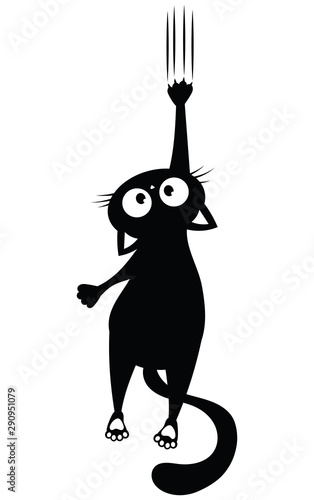 Black cat scratching the wall. Silhouette of cartoon cat climbing the wall. Vector illustration of a pet for kids. Tattoo.