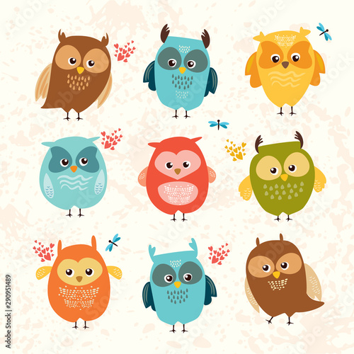 Set cute owls. colorful birds. vector illustration.