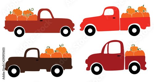 Set of american pickups with pumpkins. Farmers car collection. Vector illustration for autumn fairs.