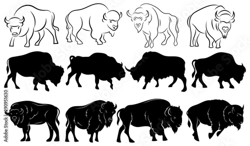 Set of bison. Collection of stylized bison silhouettes. Black and white illustration of a large horned animal. Tattoo.