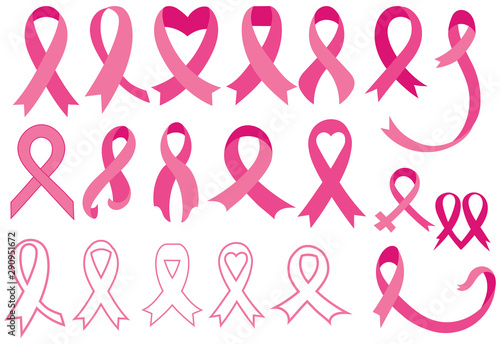 Set of pink ribbons. Breast cancer awareness ribbons collection. Vector illustration.