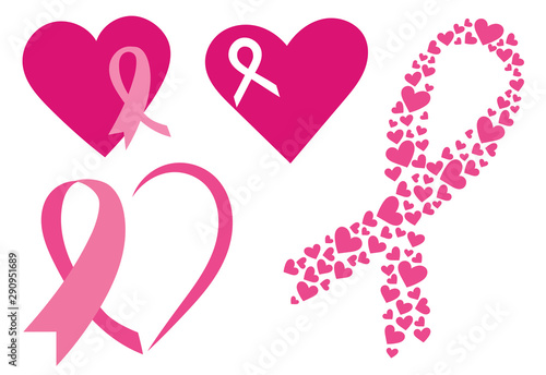 Set of pink ribbons with hearts. Breast cancer awareness ribbons collection. Vector illustration for health.