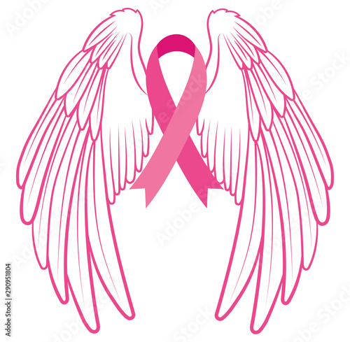 Pink ribbon with angel wings. Breast Cancer Awareness Ribbon. Vector illustration for breast health.