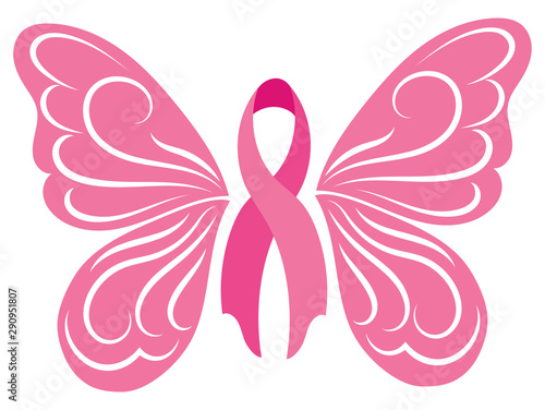 Pink ribbon with butterfly wings. Breast Cancer Awareness Ribbon. Vector illustration for breast health.