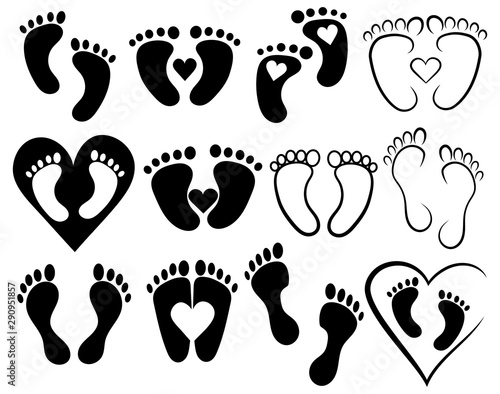 Set of footprints of babies with hearts. Baby foot collection. Black and white vector illustration. Silhouettes of baby footprints.