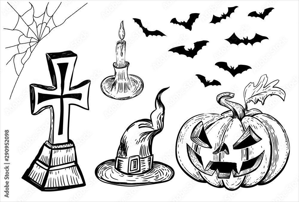 Halloween design template. Hand drawn design element. Vintage black and color vector engraving illustration. Vector illustration with Halloween symbols.