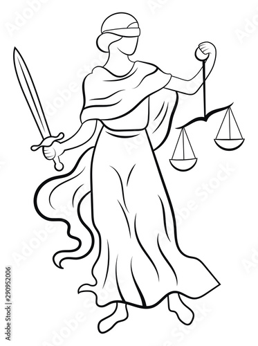 Themis or Justice - goddess of order, fairness, law from ancient Hellenic myths. Black and white illustration of femida. Line art. Logo for a lawyer or judge. Tattoo.