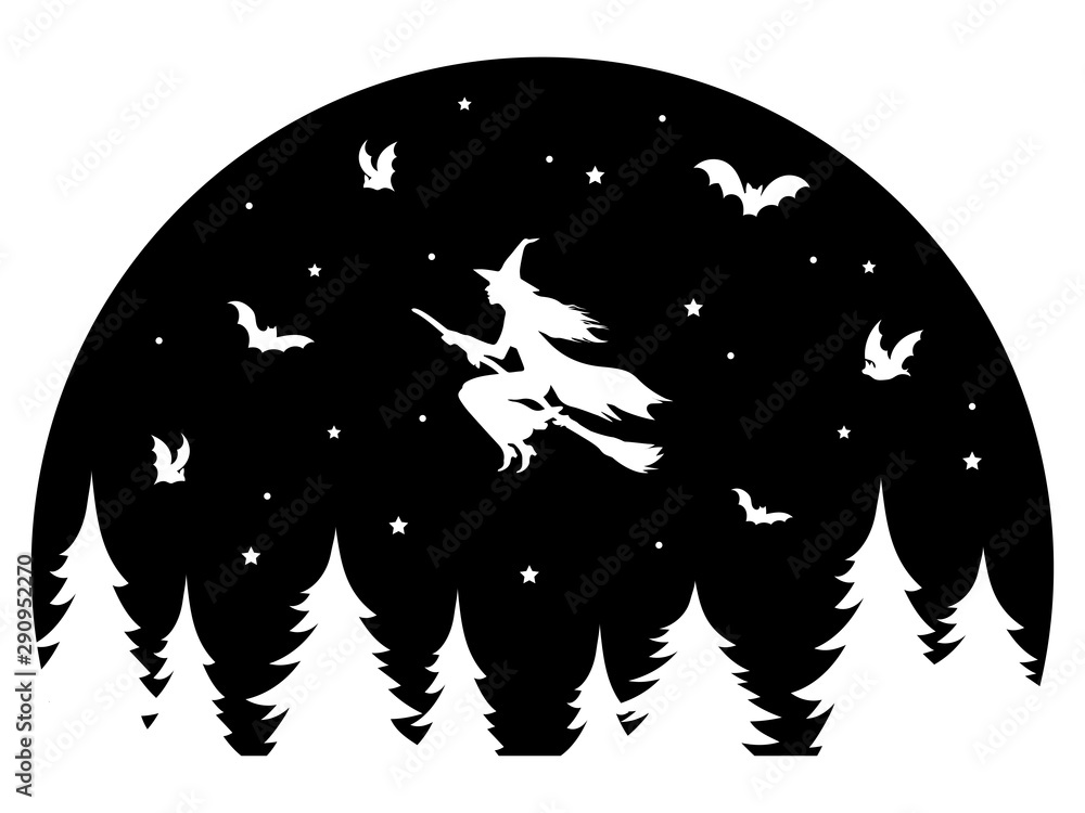 witch-flying-on-a-broomstick-at-night-black-and-white-illustration-of