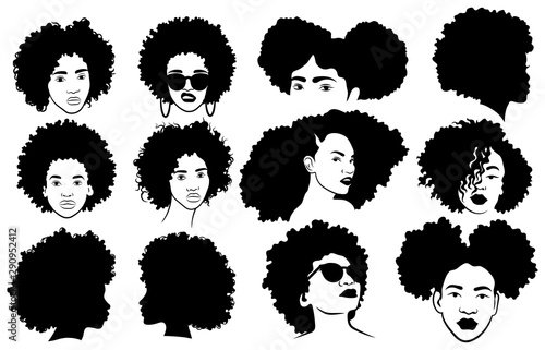 Set of female afro hairstyles. Collection of dreads and afro braids for a girl. Black and white illustration for a hairdrymaker. photo