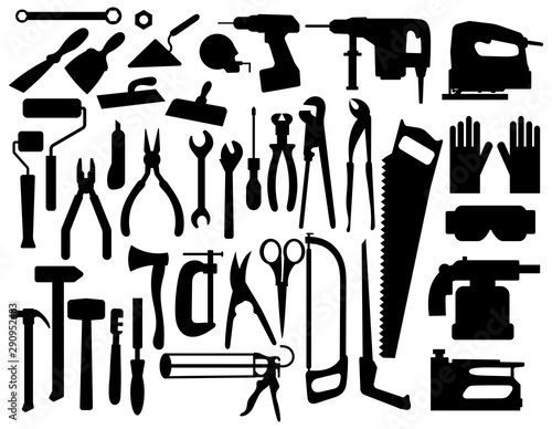 Set of building tools silouettes. Collection of appliances and power tools for builders. Black-white vector illustration.