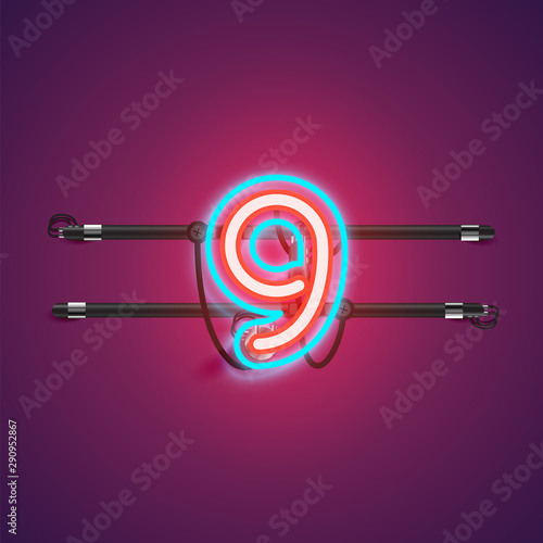 Realistic glowing double neon charcter from a fontset, vector illustration