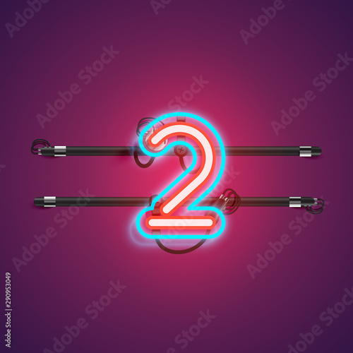 Realistic glowing double neon charcter from a fontset, vector illustration